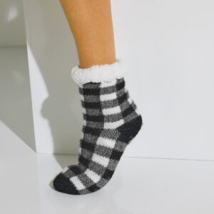 Blancheporte Papučové ponožky s kožušinovou imitáciou a kockovaným dizajnom čierna/biela 40/41